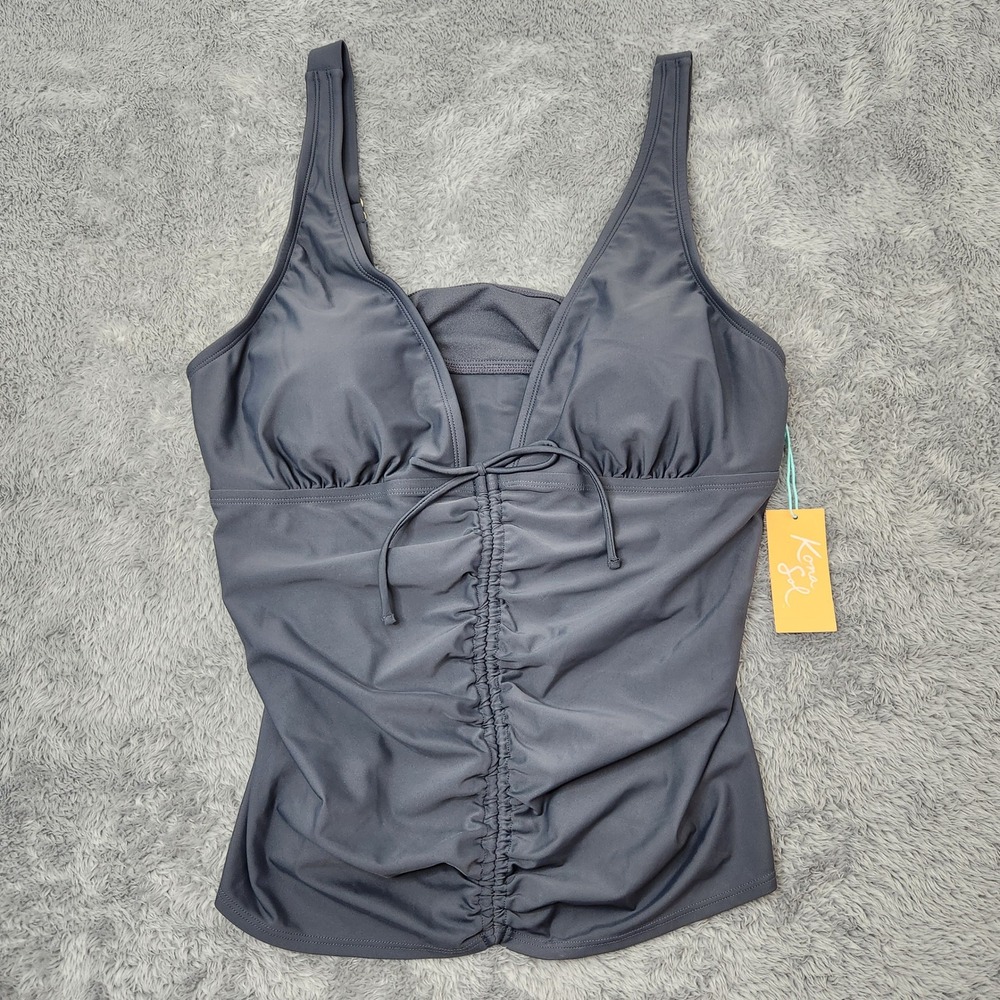 Kona Sol Tankini Top Womens XL Gray Cinched Front Ruched V-Neck Swimwear NEW - Picture 2 of 14